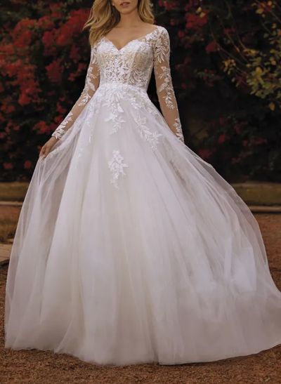A-Line V-Neck Long Sleeves Lace/Tulle Wedding Dresses With Appliques Lace