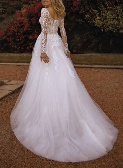 A-Line V-Neck Long Sleeves Lace/Tulle Wedding Dresses With Appliques Lace