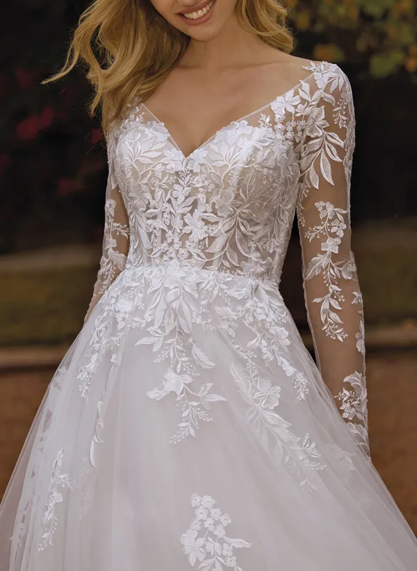 A-Line V-Neck Long Sleeves Lace/Tulle Wedding Dresses With Appliques Lace