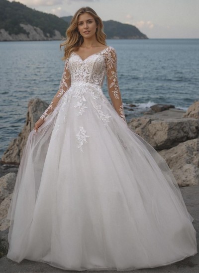 A-Line V-Neck Long Sleeves Lace/Tulle Wedding Dresses With Appliques Lace