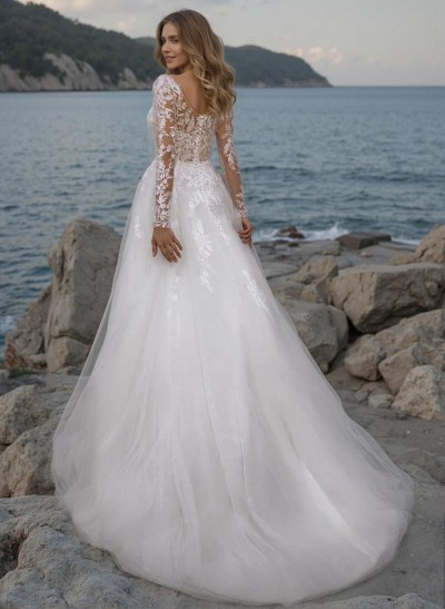 A-Line V-Neck Long Sleeves Lace/Tulle Wedding Dresses With Appliques Lace