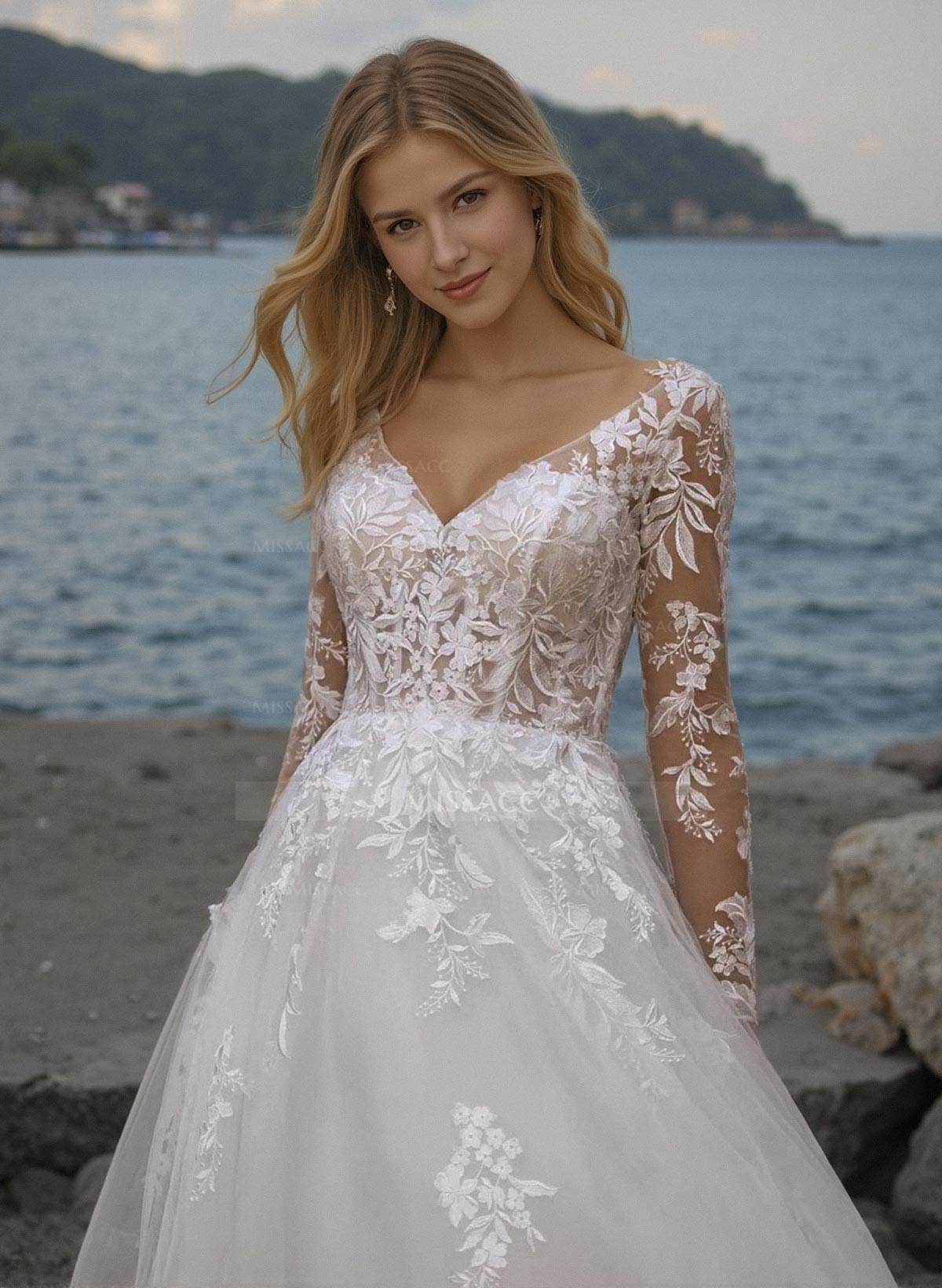 A-Line V-Neck Long Sleeves Lace/Tulle Wedding Dresses With Appliques Lace