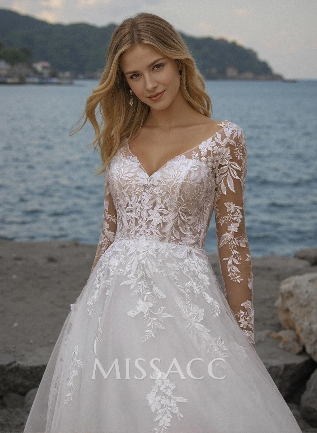 A-Line V-Neck Long Sleeves Lace/Tulle Wedding Dresses With Appliques Lace