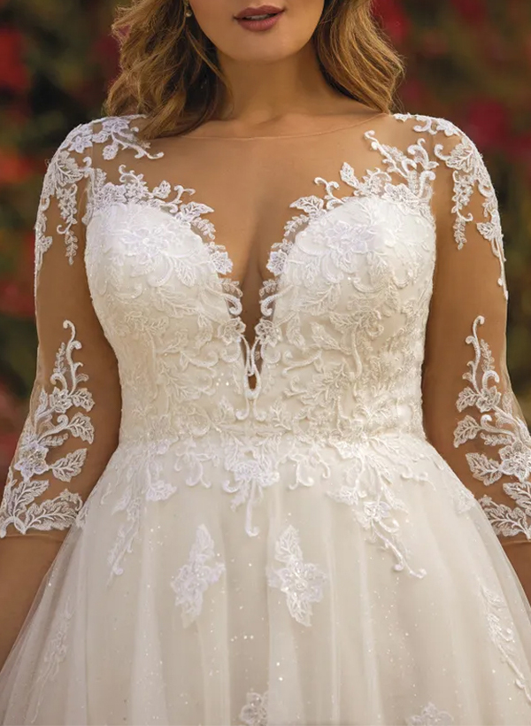 A-Line Illusion Neck 3/4 Sleeves Lace/Tulle Wedding Dresses With Sequins