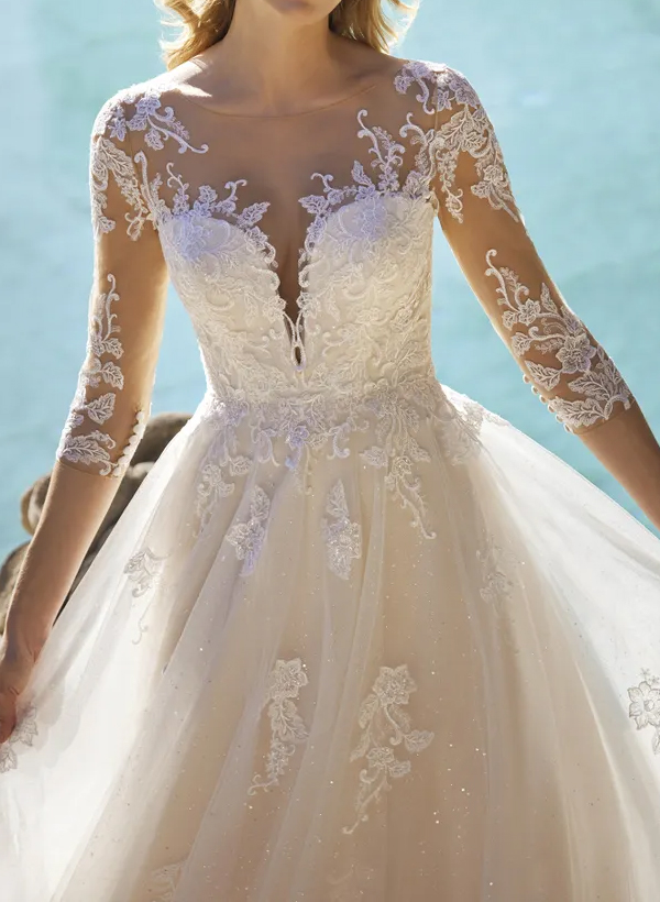 A-Line Illusion Neck 3/4 Sleeves Lace/Tulle Wedding Dresses With Sequins