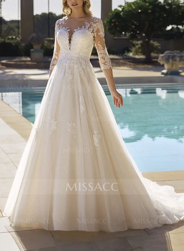 A-Line Illusion Neck 3/4 Sleeves Lace/Tulle Wedding Dresses With Sequins