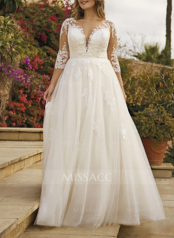 A-Line Illusion Neck 3/4 Sleeves Lace/Tulle Wedding Dresses With Sequins