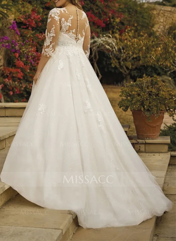 A-Line Illusion Neck 3/4 Sleeves Lace/Tulle Wedding Dresses With Sequins