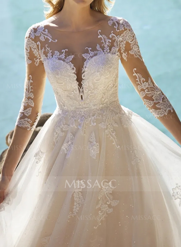 A-Line Illusion Neck 3/4 Sleeves Lace/Tulle Wedding Dresses With Sequins