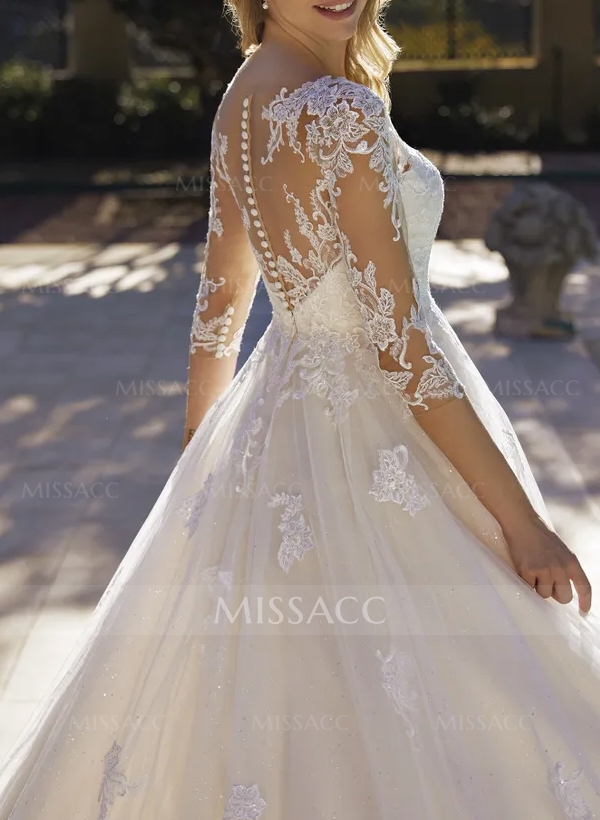 A-Line Illusion Neck 3/4 Sleeves Lace/Tulle Wedding Dresses With Sequins