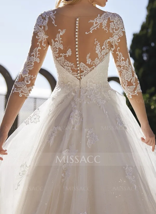 A-Line Illusion Neck 3/4 Sleeves Lace/Tulle Wedding Dresses With Sequins