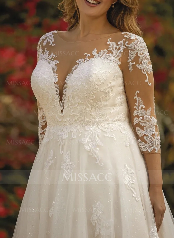 A-Line Illusion Neck 3/4 Sleeves Lace/Tulle Wedding Dresses With Sequins