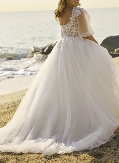 A-Line V-Neck 1/2 Sleeves Lace/Tulle Wedding Dresses With Sequins/Appliques Lace