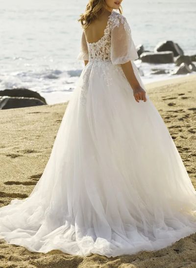 A-Line V-Neck 1/2 Sleeves Lace/Tulle Wedding Dresses With Sequins/Appliques Lace