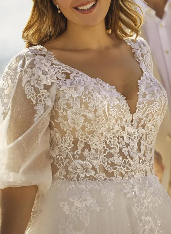 A-Line V-Neck 1/2 Sleeves Lace/Tulle Wedding Dresses With Sequins/Appliques Lace