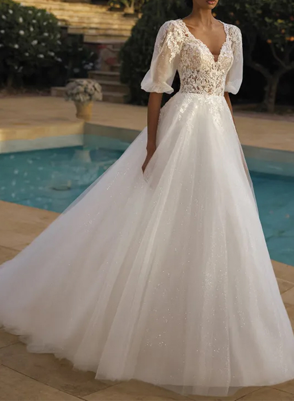 A-Line V-Neck 1/2 Sleeves Lace/Tulle Wedding Dresses With Sequins/Appliques Lace