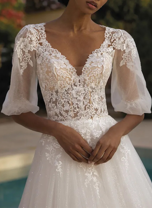 A-Line V-Neck 1/2 Sleeves Lace/Tulle Wedding Dresses With Sequins/Appliques Lace