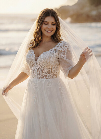 A-Line V-Neck 1/2 Sleeves Lace/Tulle Wedding Dresses With Sequins/Appliques Lace