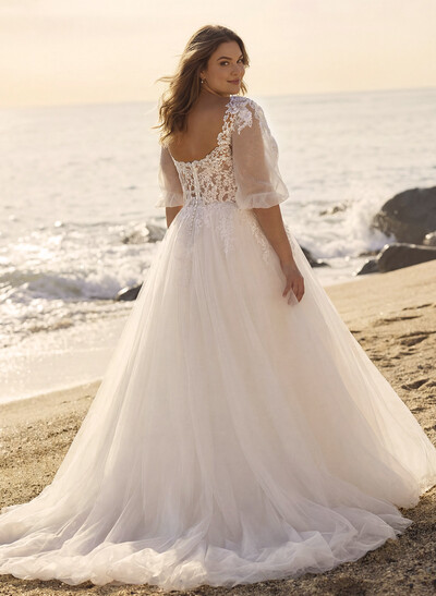 A-Line V-Neck 1/2 Sleeves Lace/Tulle Wedding Dresses With Sequins/Appliques Lace