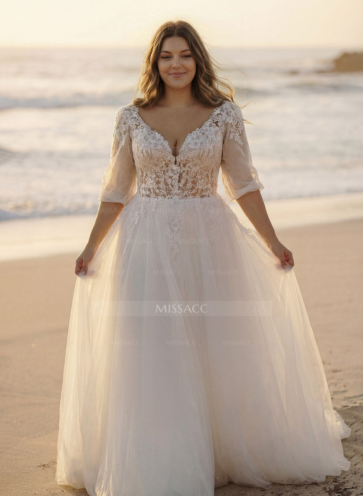 A-Line V-Neck 1/2 Sleeves Lace/Tulle Wedding Dresses With Sequins/Appliques Lace