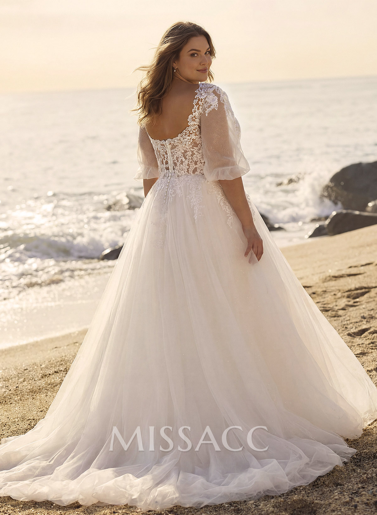 A-Line V-Neck 1/2 Sleeves Lace/Tulle Wedding Dresses With Sequins/Appliques Lace A-Line V-Neck 1/2 Sleeves Lace/Tulle Wedding Dresses With Sequins/Appliques Lace
