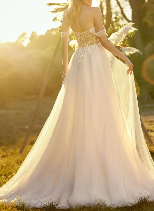 A-Line Off-The-Shoulder Sleeveless Lace/Tulle Wedding Dresses With Appliques Lace
