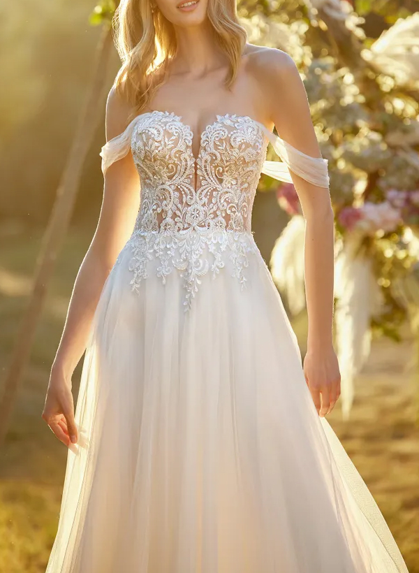 A-Line Off-The-Shoulder Sleeveless Lace/Tulle Wedding Dresses With Appliques Lace