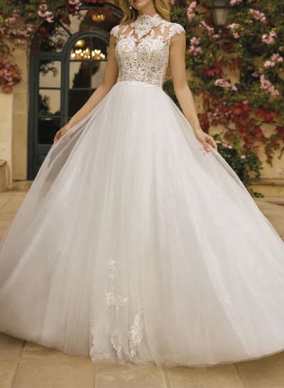 A-Line High Neck Sleeveless Lace/Tulle Wedding Dresses With Back Hole