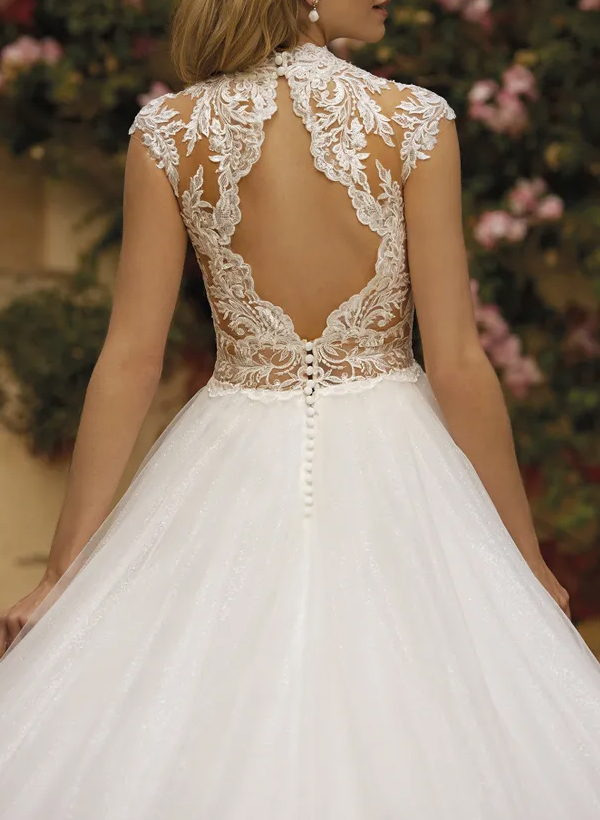 A-Line High Neck Sleeveless Lace/Tulle Wedding Dresses With Back Hole