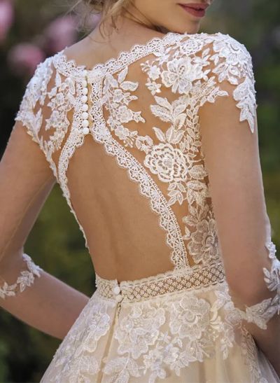A-Line V-Neck 3/4 Sleeves Lace/Tulle Wedding Dresses With Appliques Lace/Back Hole