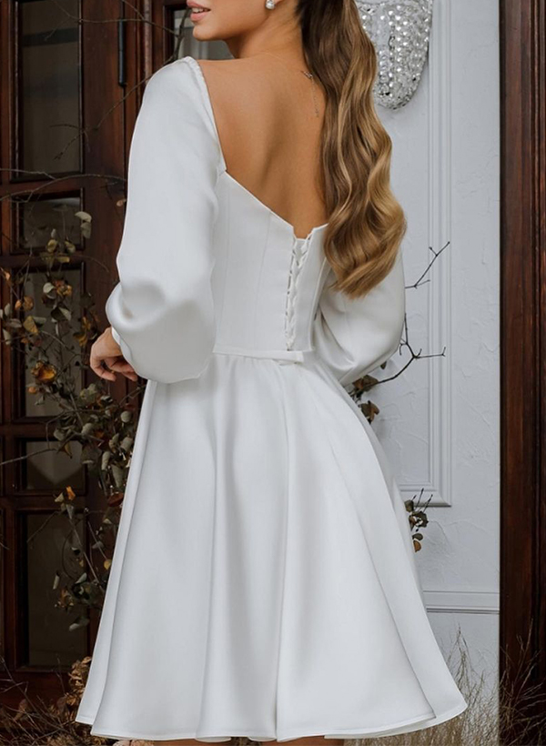A-Line Sweetheart Long Sleeves Knee-Length Satin Wedding Dresses