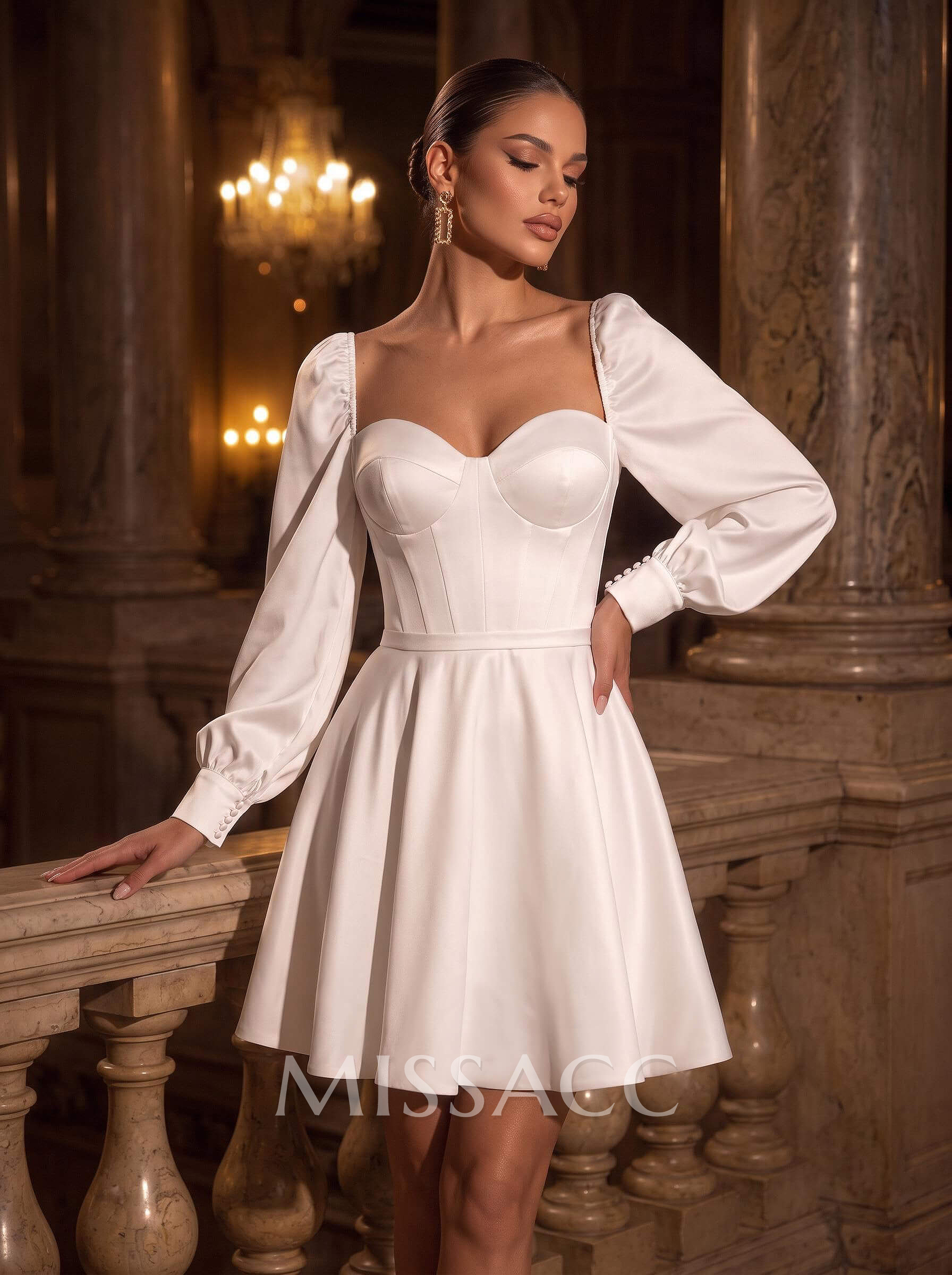 A-Line Sweetheart Long Sleeves Knee-Length Satin Wedding Dresses