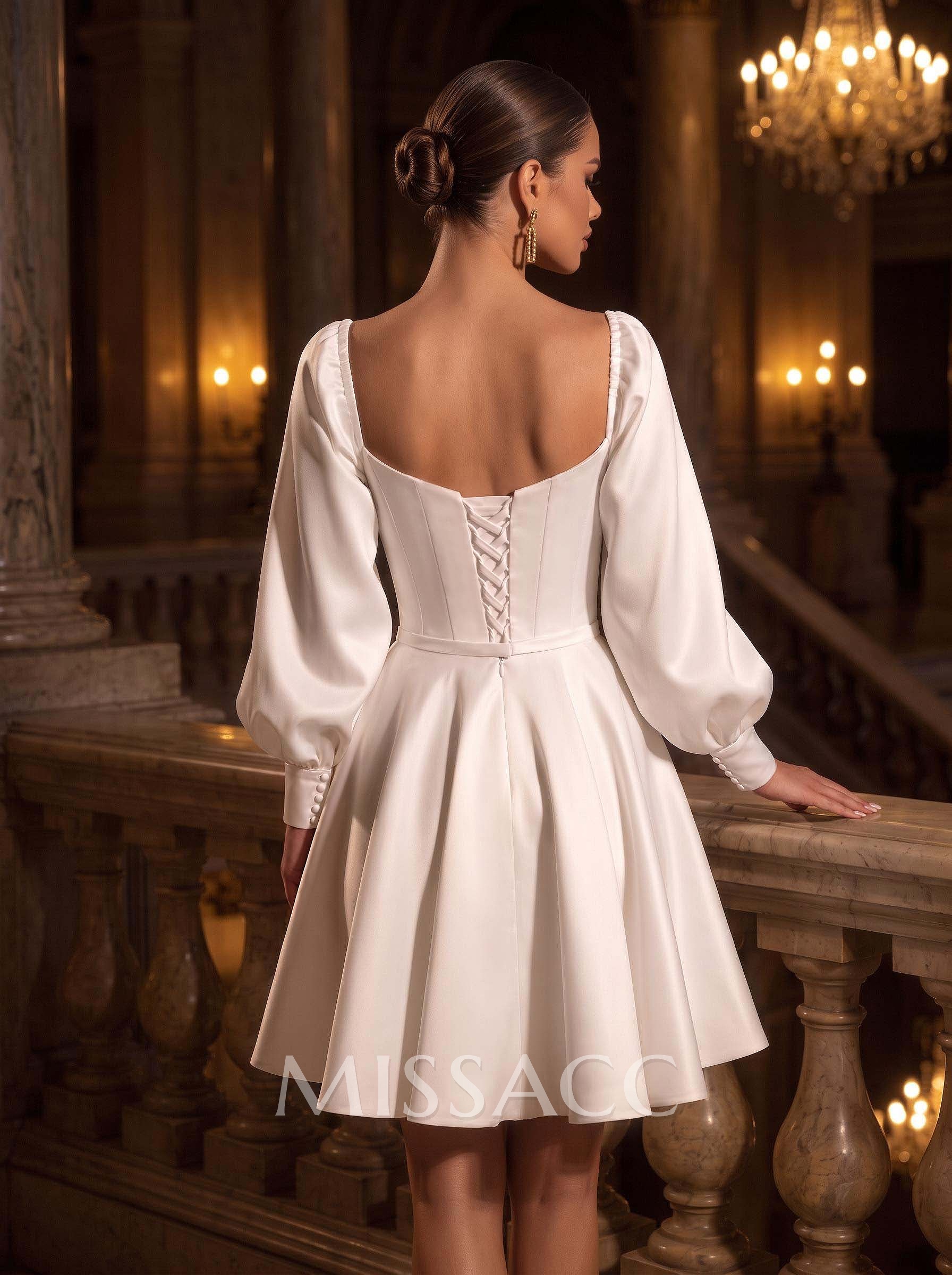 A-Line Sweetheart Long Sleeves Knee-Length Satin Wedding Dresses