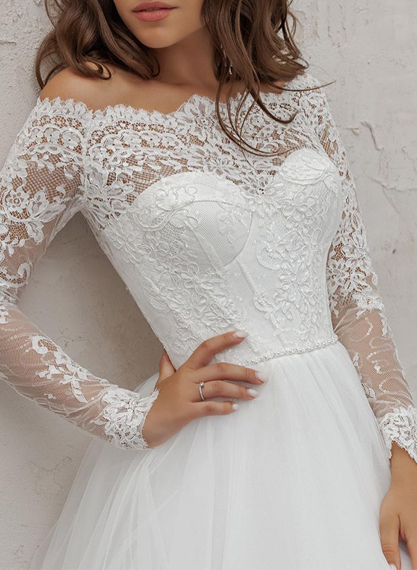 A-Line Off-The-Shoulder Long Sleeves Lace/Tulle Wedding Dresses With Appliques Lace