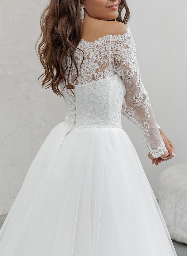 A-Line Off-The-Shoulder Long Sleeves Lace/Tulle Wedding Dresses With Appliques Lace