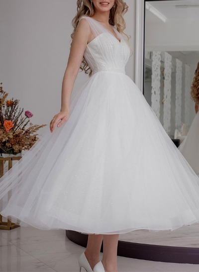 A-Line V-Neck Sleeveless Ankle-Length Tulle Wedding Dresses With Sequins