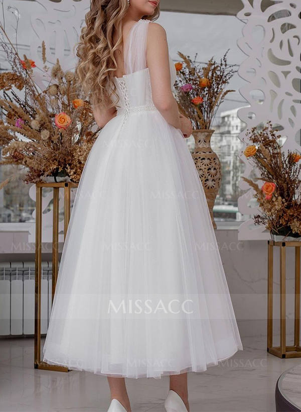 A-Line V-Neck Sleeveless Ankle-Length Tulle Wedding Dresses With Sequins