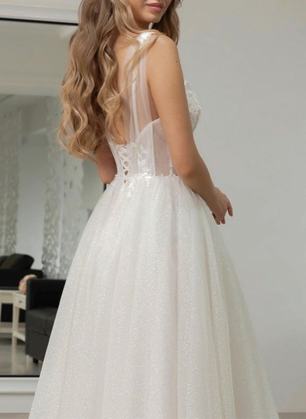 A-Line V-Neck Sleeveless Ankle-Length Tulle Wedding Dresses With Sequins/Lace