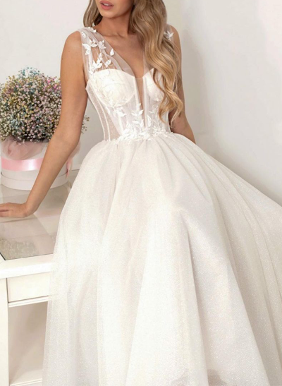 A-Line V-Neck Sleeveless Ankle-Length Tulle Wedding Dresses With Sequins/Lace