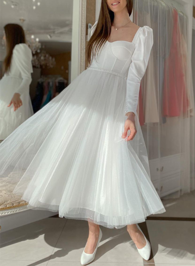 A-Line Square Neckline Long Sleeves Satin/Tulle Wedding Dresses