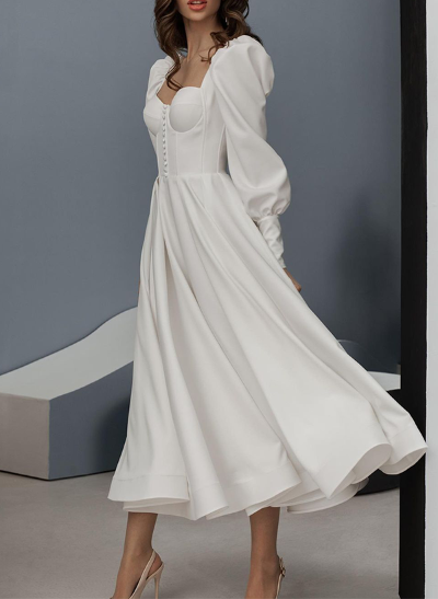 A-Line Square Neckline Long Sleeves Ankle-Length Satin Wedding Dresses With Bow(s)