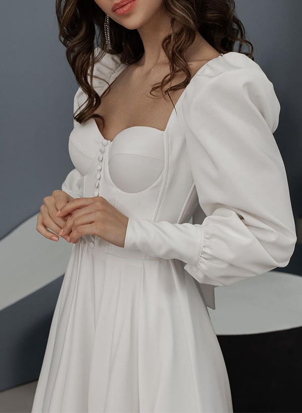 A-Line Square Neckline Long Sleeves Ankle-Length Satin Wedding Dresses With Bow(s)
