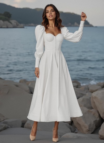 A-Line Square Neckline Long Sleeves Ankle-Length Satin Wedding Dresses With Bow(s)