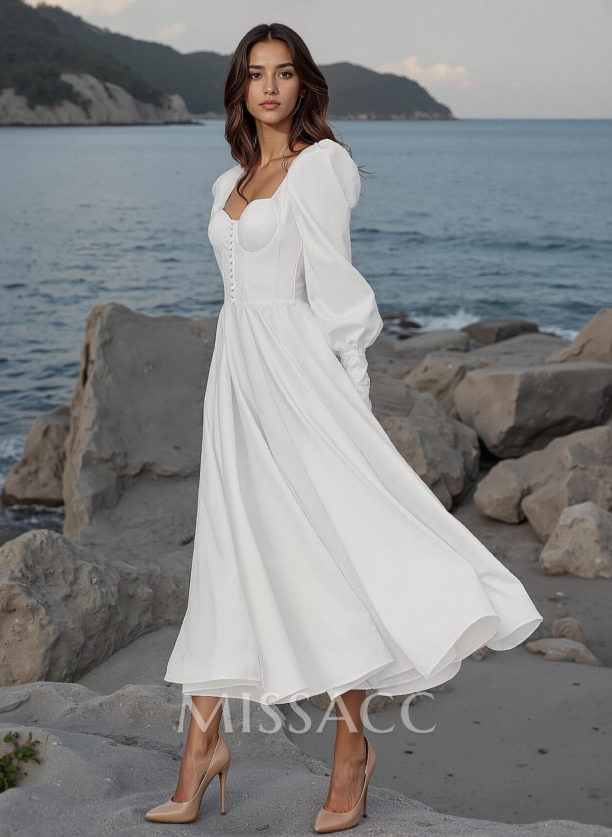 A-Line Square Neckline Long Sleeves Ankle-Length Satin Wedding Dresses With Bow(s)