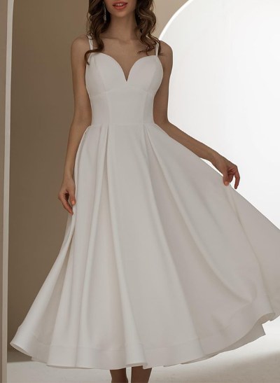 A-Line V-Neck Sleeveless Ankle-Length Satin Wedding Dresses