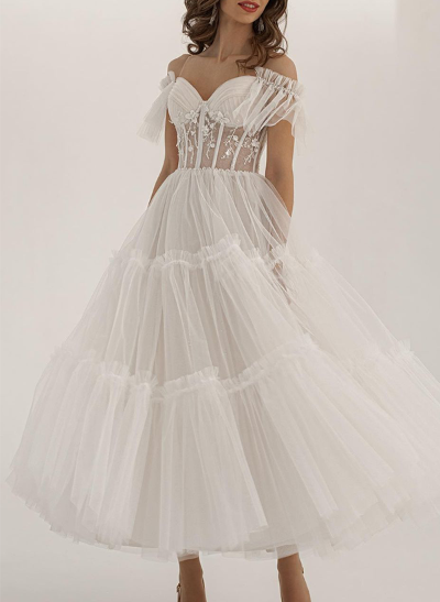A-Line Off-The-Shoulder Sleeveless Ankle-Length Tulle Wedding Dresses With Ruffle