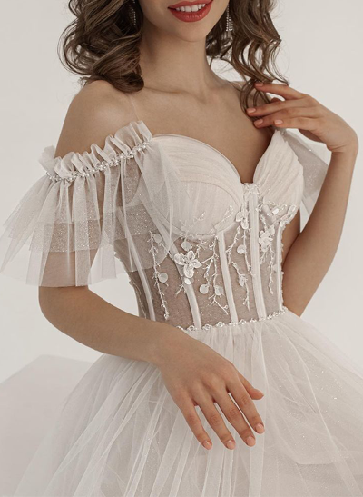 A-Line Off-The-Shoulder Sleeveless Ankle-Length Tulle Wedding Dresses With Ruffle
