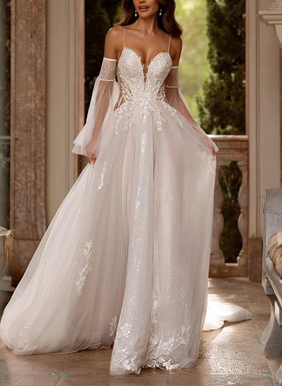A-Line Sweetheart Court Train Wedding Dresses With Appliques Lace