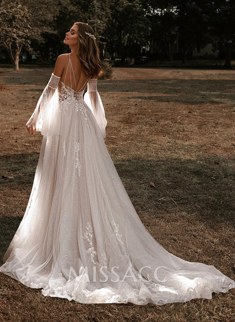 A-Line Sweetheart Court Train Wedding Dresses With Appliques Lace