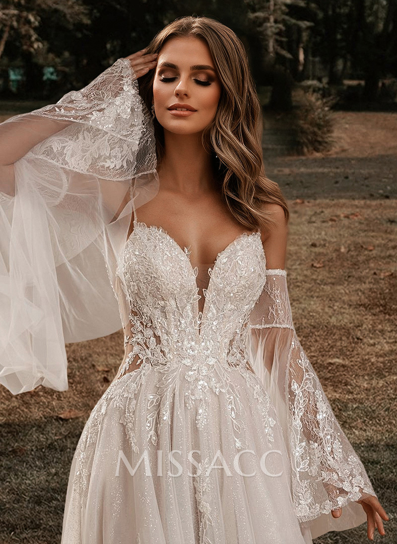 A-Line Sweetheart Court Train Wedding Dresses With Appliques Lace